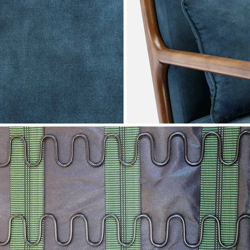 Alice's Home - Fauteuil en Velours Bleu pétrole. Pieds Bois d'hévéa teinté Noyer Clair. 1 Place Droit Fixe. Pieds Compas scandinave