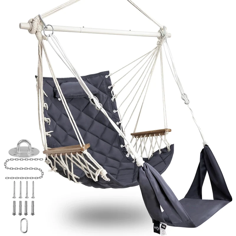 SUNWAY Chaise hamac avec repose-pieds réglable et appuie-tête - Tissu matelassé et barre d'écartement en acier - Capacité de 158,8 kg - Chaise suspendue avec accoudoirs en bois pour porche/jardin