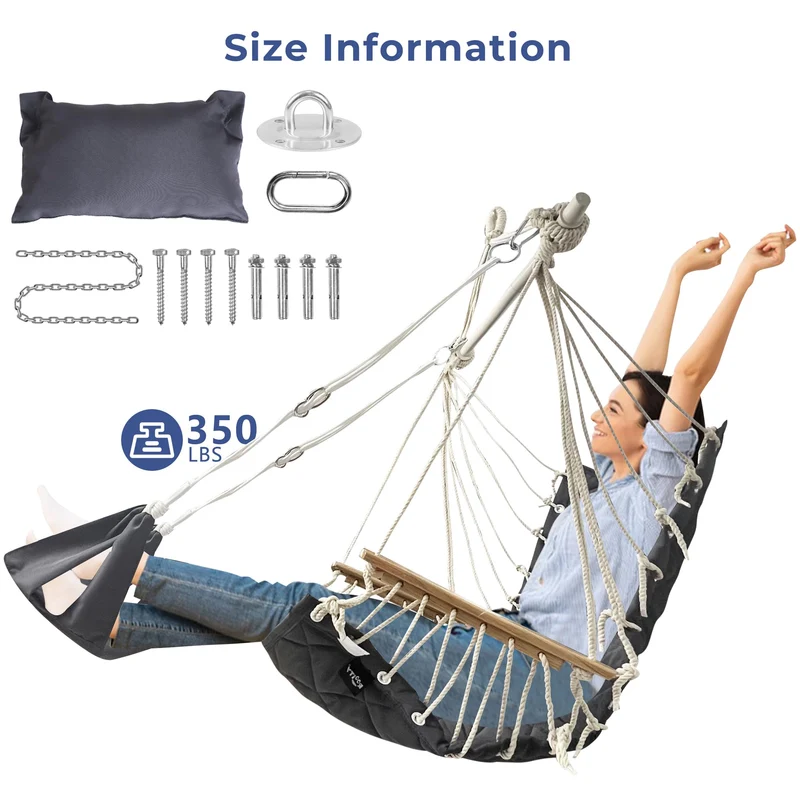 SUNWAY Chaise hamac avec repose-pieds réglable et appuie-tête - Tissu matelassé et barre d'écartement en acier - Capacité de 158,8 kg - Chaise suspendue avec accoudoirs en bois pour porche/jardin