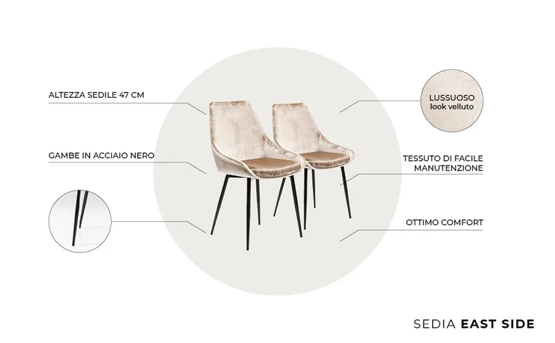 Kare Design Chaise East Side, Beige/Noir, Aspect Velours, Lot de 2, Élégant, Chaises Salle a Manger, Deco Intérieur, Decoration Chambre, Cuisine, 83x48x57 cm (H/L/P)