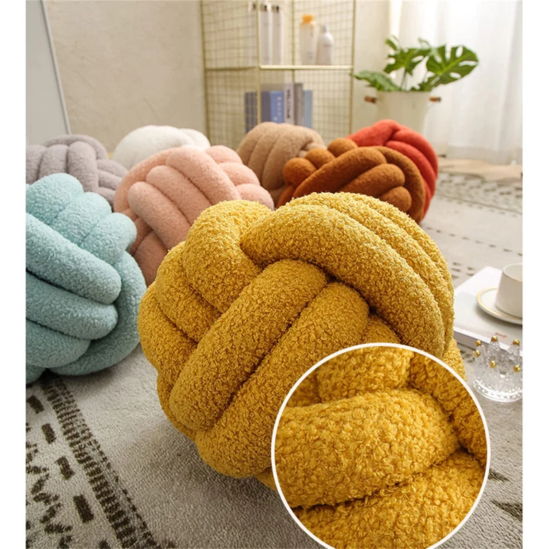 YT-KOKE Sherpa Fleece Round Knot Ball Pillow, Coussin Ddécoratif Knot pour Canapé-lit Chaise Sol, Oreiller Décoratif Jeté, Coussin Rond pour Les Copines Jouant à la Photographie (Yellow,22cm)