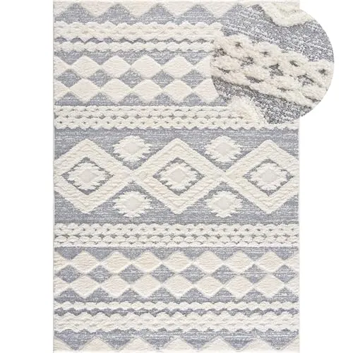 payé Tapis de salon Tapis Sol - poils longs - Boho - Gris pastel - 160 x 230 cm - Uni - Motif losange moderne chiné - Scandinave moelleux et doux - Décoration de chambre à coucher
