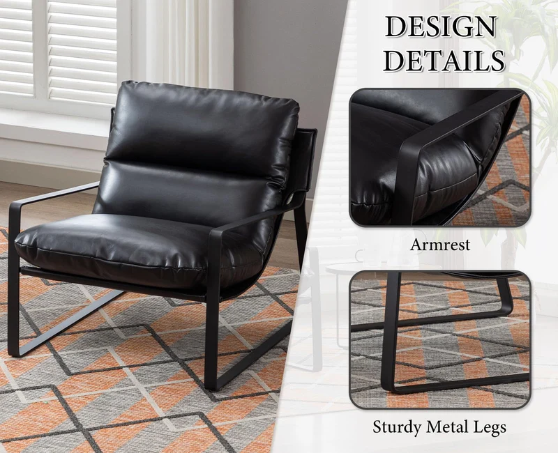 chairus Fauteuil de Loisirs en Cuir PU Modern Chaise de Relaxation pour Salon Fauteuil de Chambre avec Cadre en Métal (Noir)