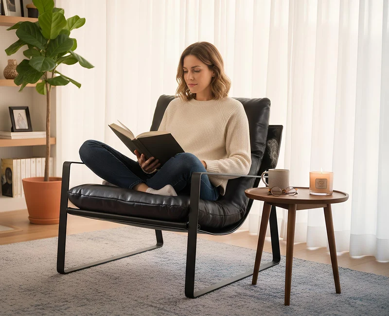 chairus Fauteuil de Loisirs en Cuir PU Modern Chaise de Relaxation pour Salon Fauteuil de Chambre avec Cadre en Métal (Noir)