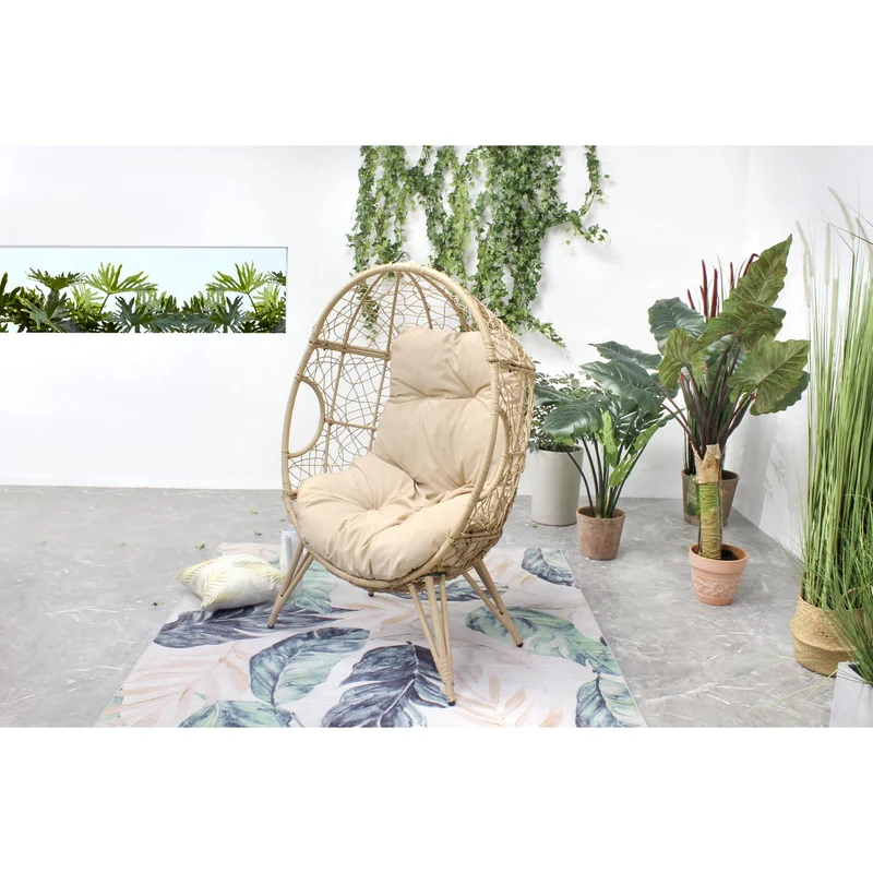 CONCEPT USINE | Fauteuil Oeuf sur Pieds Beige en Résine Noir Aspect Rotin | Design Jane | Structure en Acier | Coussin déperlant | Hamac Balançoire sur Pied terrasse Jardin Balcon | Résiste à l'eau