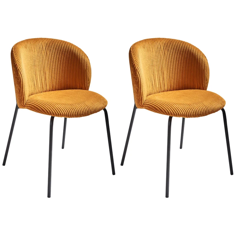 Beliani Lot de 2 Chaises en Velours Côtelé de Salle à Manger Pieds en Fer Dossier Arrondi Rembourré Orange Miles