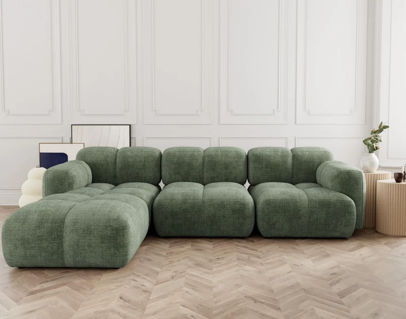 Lisa Design - Grace - canapé modulable d'angle réversible 4 Places en Velours texturé, Vert Sauge