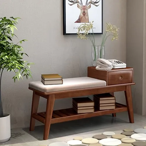Étagère à chaussures d'entrée en noyer avec tiroir et coussin – Banc de rangement élégant pour porte d'entrée, salon, couloir, chambre à coucher, 80 cm