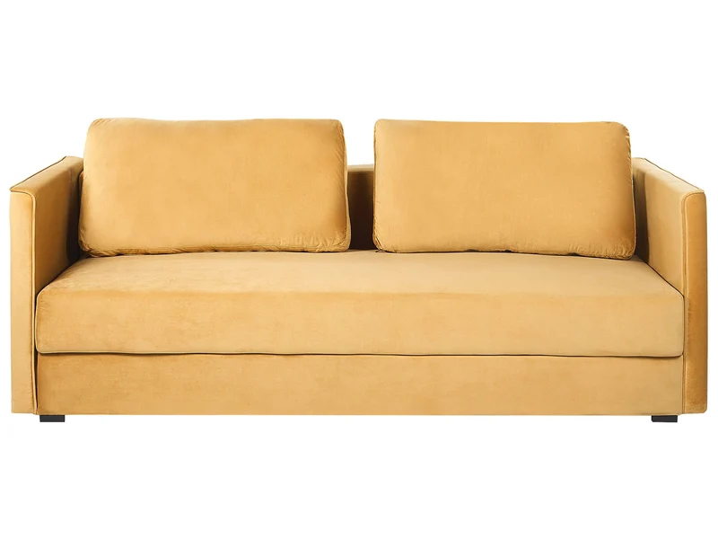 Canapé Lit en Velours Jaune avec Rangement 3 Places Coussins Déhoussables Eksjo