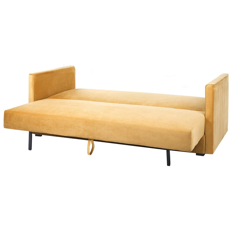 Canapé Lit en Velours Jaune avec Rangement 3 Places Coussins Déhoussables Eksjo