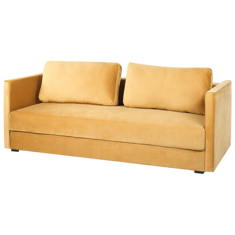Canapé Lit en Velours Jaune avec Rangement 3 Places Coussins Déhoussables Eksjo