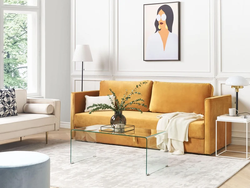 Canapé Lit en Velours Jaune avec Rangement 3 Places Coussins Déhoussables Eksjo