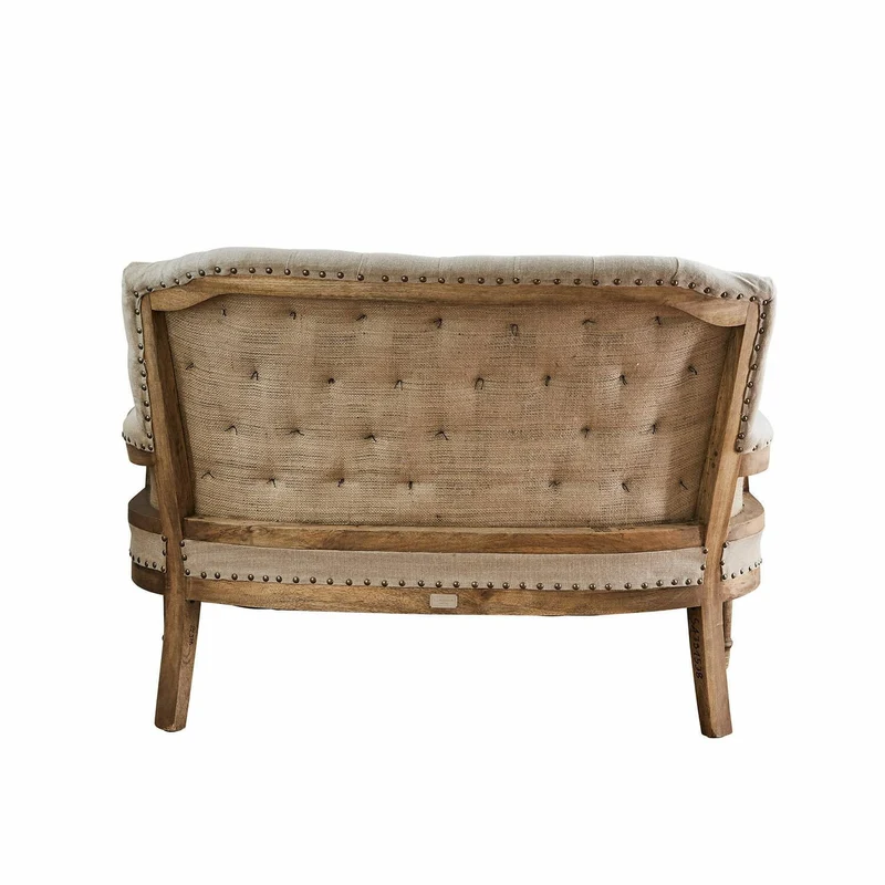 Loberon Canapé Kingsley Piquage Chesterfield Classique Pieds Tournés, Housse Résistante, Assise Bois de Manguier, Polyester, Laiton, Lin