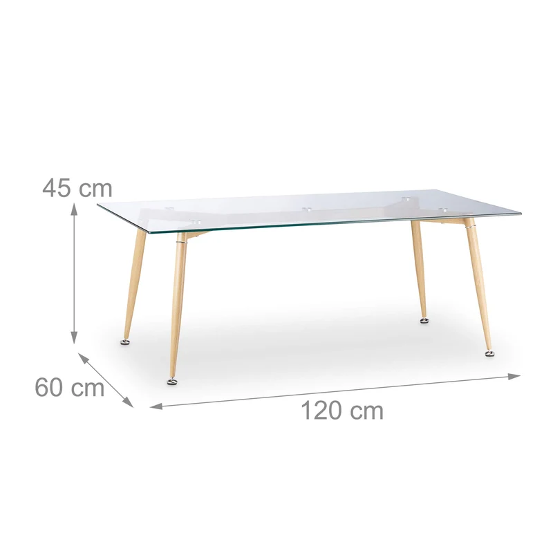 Relaxdays Basse en Verre, Dessus Table Trempé, Pieds Métal Aspect Bois HLP : 45 x 120 x 60 cm, Transparent/Marron, Durchsichtig/Braun