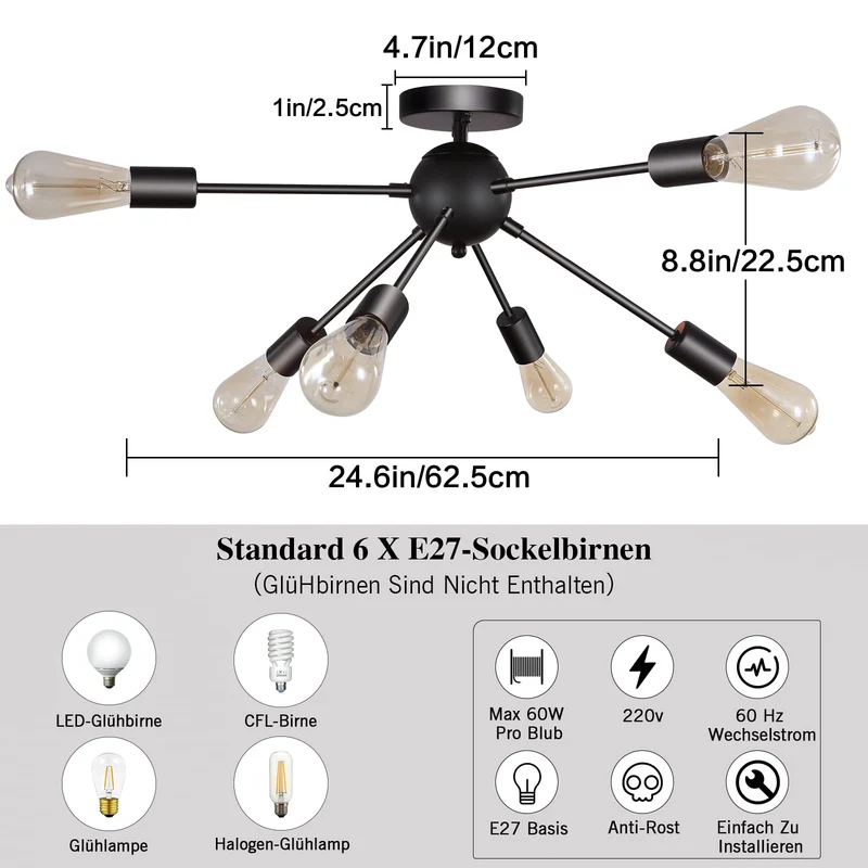 MRHYSWD Luminaire Plafonnier Noir Industriel Vintage Moderne, 6 LumièRes De Lustre Plafonnier E27 Chambre Salon Salle De Bain Cuisine Couloir Salle à Manger Paille Entree, Sans Ampoules