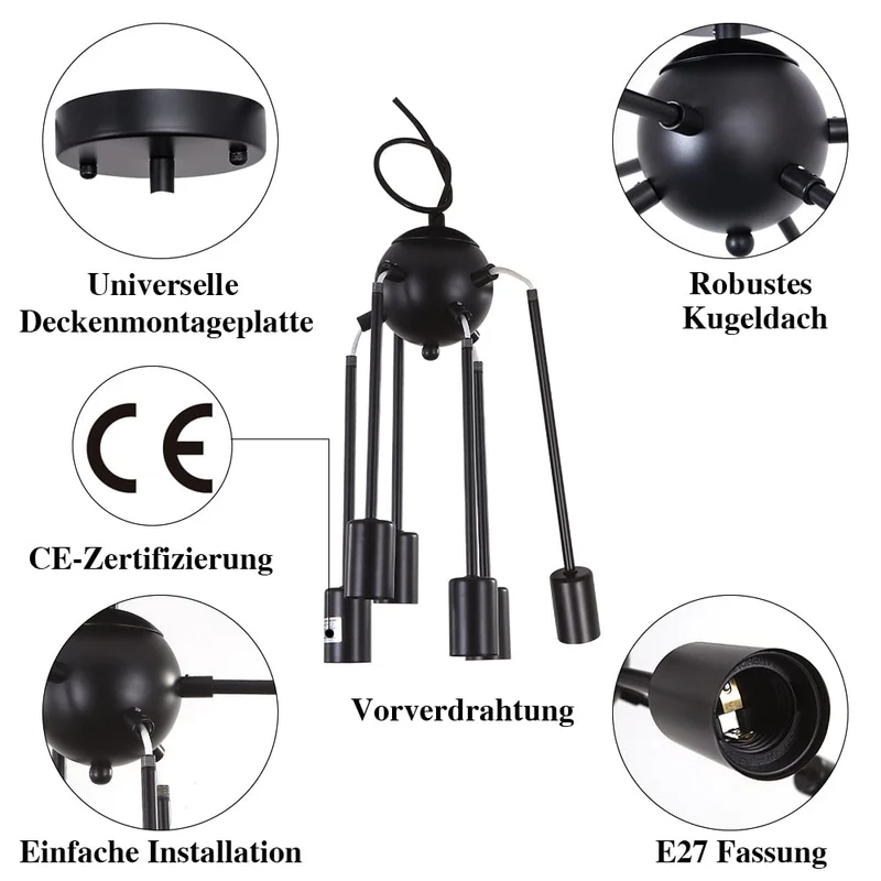 MRHYSWD Luminaire Plafonnier Noir Industriel Vintage Moderne, 6 LumièRes De Lustre Plafonnier E27 Chambre Salon Salle De Bain Cuisine Couloir Salle à Manger Paille Entree, Sans Ampoules