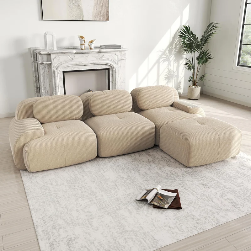 Canapé 3 Places avec revêtement hautement élastique, Canapé d'angle modulaire avec accoudoirs extra larges, Pour salonen hambre et home cinéma, en tissu velours côtelé Beige (sans assemblage)