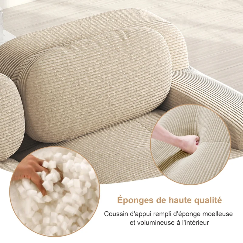 Canapé 3 Places avec revêtement hautement élastique, Canapé d'angle modulaire avec accoudoirs extra larges, Pour salonen hambre et home cinéma, en tissu velours côtelé Beige (sans assemblage)