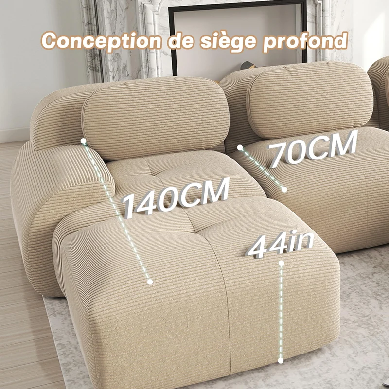 Canapé 3 Places avec revêtement hautement élastique, Canapé d'angle modulaire avec accoudoirs extra larges, Pour salonen hambre et home cinéma, en tissu velours côtelé Beige (sans assemblage)