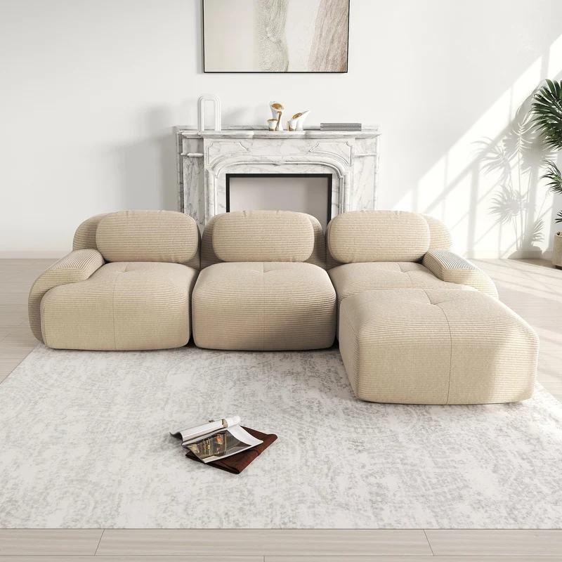 Canapé 3 Places avec revêtement hautement élastique, Canapé d'angle modulaire avec accoudoirs extra larges, Pour salonen hambre et home cinéma, en tissu velours côtelé Beige (sans assemblage)