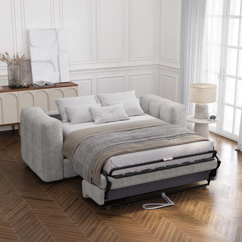 Mobilier-Deco Daria - Canapé 3 Places Convertible rapido en Tissu matelassé Gris Matelas 14 cm