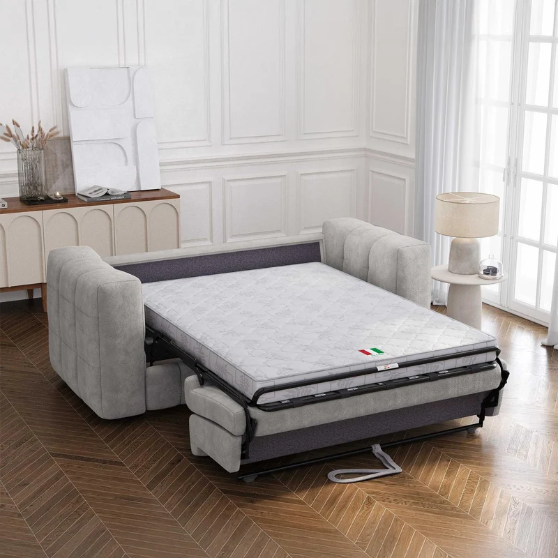 Mobilier-Deco Daria - Canapé 3 Places Convertible rapido en Tissu matelassé Gris Matelas 14 cm