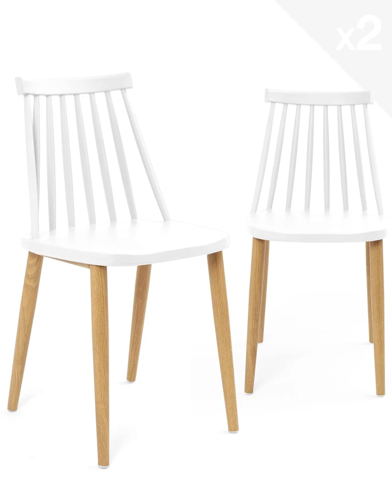 KAYELLES Lot de 2 - Chaise de Cuisine à barreaux bistrot café rétro scandinave, Pieds métal façon Bois Clair BAO (Blanc)