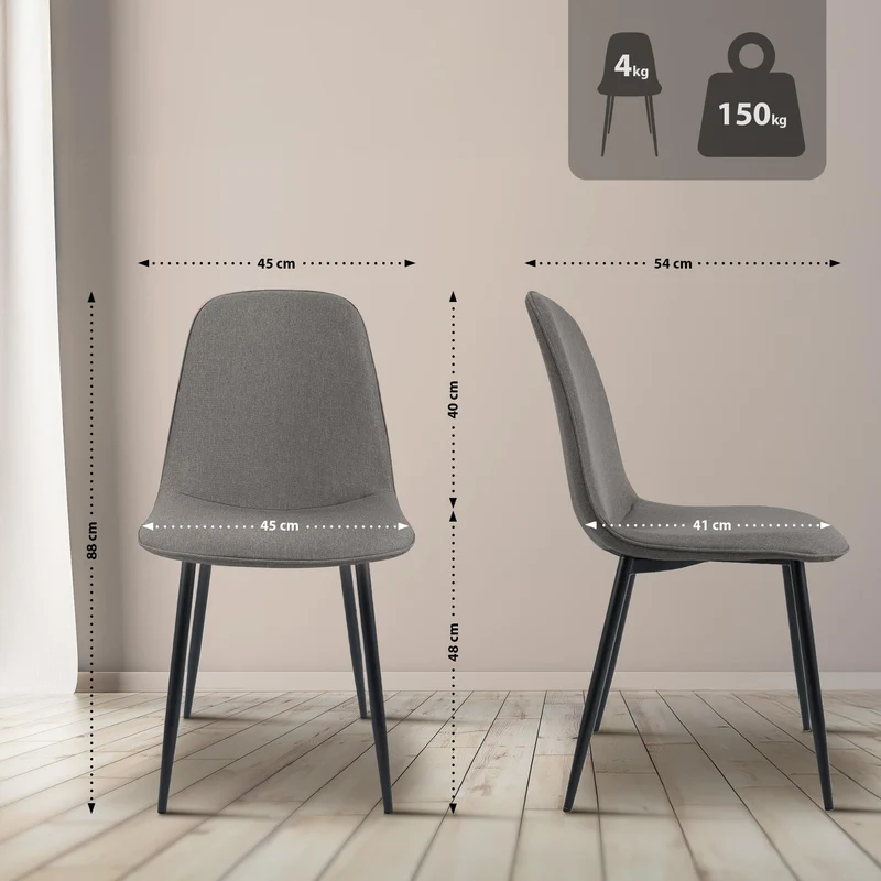 CLP Chaise de Salle à Manger rembourrée Maryam, Chaise de Cuisine avec Dossier et Cadre en métal Noir, supporte jusqu'à 150 kg, Couleur:Gris Clair, Matériel:Tissu