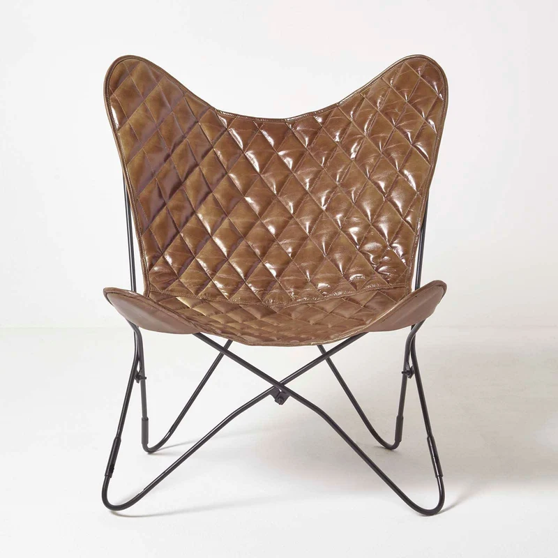 HOMESCAPES Fauteuil Papillon en Cuir véritable Marron Losanges et métal, Chaise en Cuir Vintage, Fauteuil rétro, 88 x 77 cm