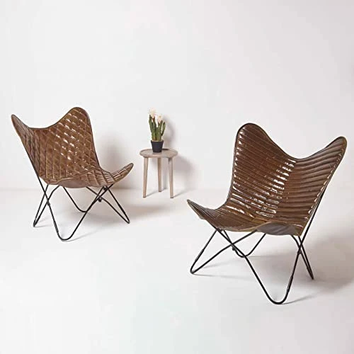 HOMESCAPES Fauteuil Papillon en Cuir véritable Marron Losanges et métal, Chaise en Cuir Vintage, Fauteuil rétro, 88 x 77 cm