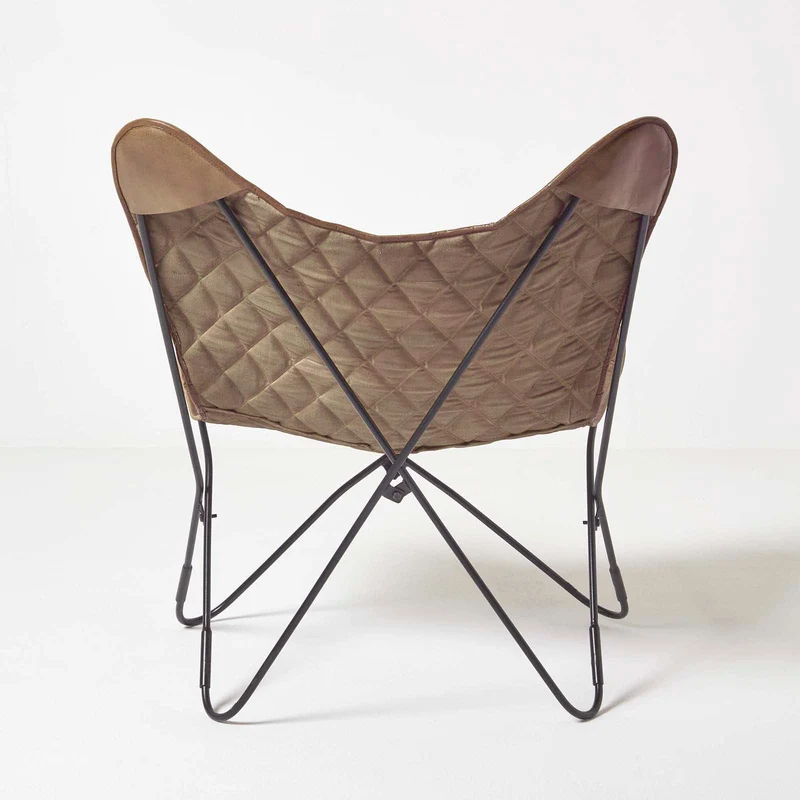 HOMESCAPES Fauteuil Papillon en Cuir véritable Marron Losanges et métal, Chaise en Cuir Vintage, Fauteuil rétro, 88 x 77 cm
