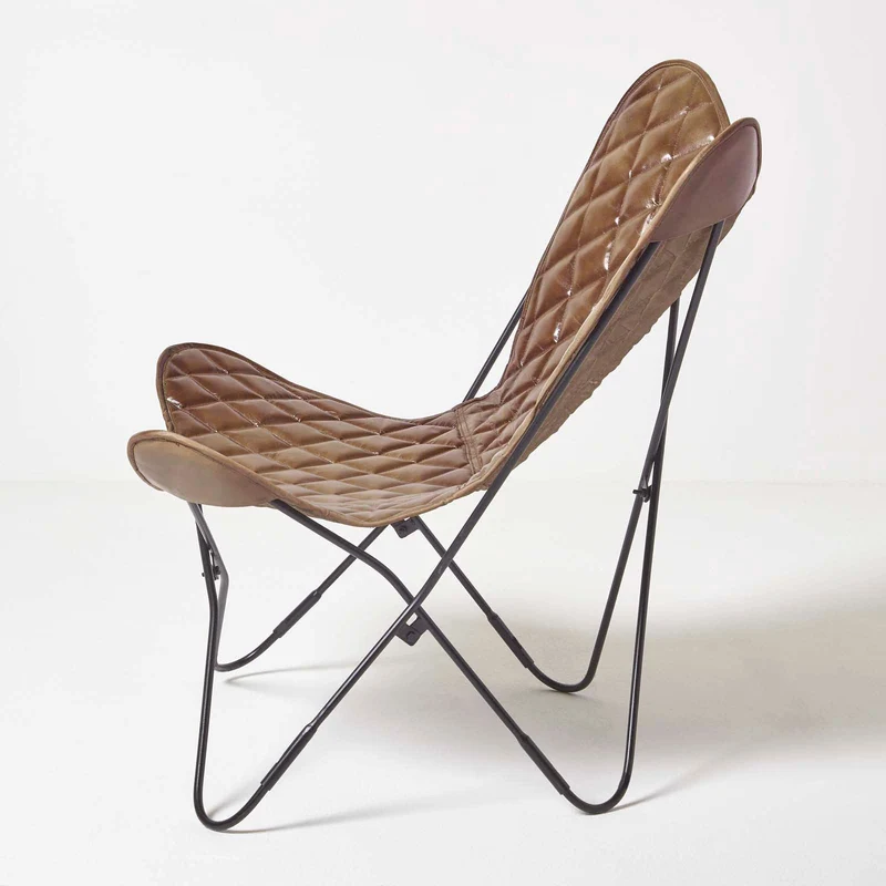 HOMESCAPES Fauteuil Papillon en Cuir véritable Marron Losanges et métal, Chaise en Cuir Vintage, Fauteuil rétro, 88 x 77 cm