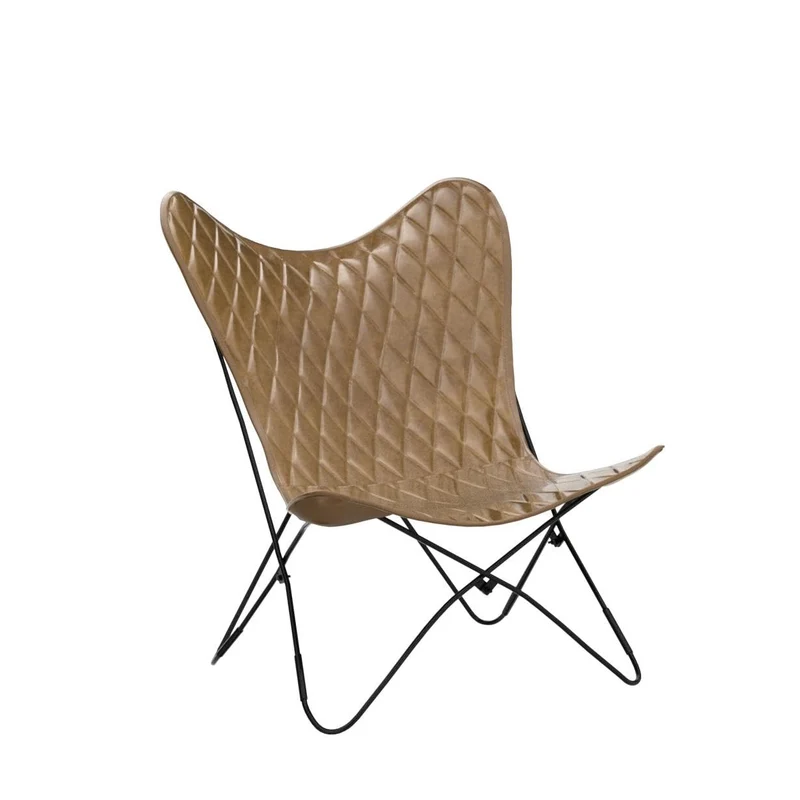 HOMESCAPES Fauteuil Papillon en Cuir véritable Marron Losanges et métal, Chaise en Cuir Vintage, Fauteuil rétro, 88 x 77 cm