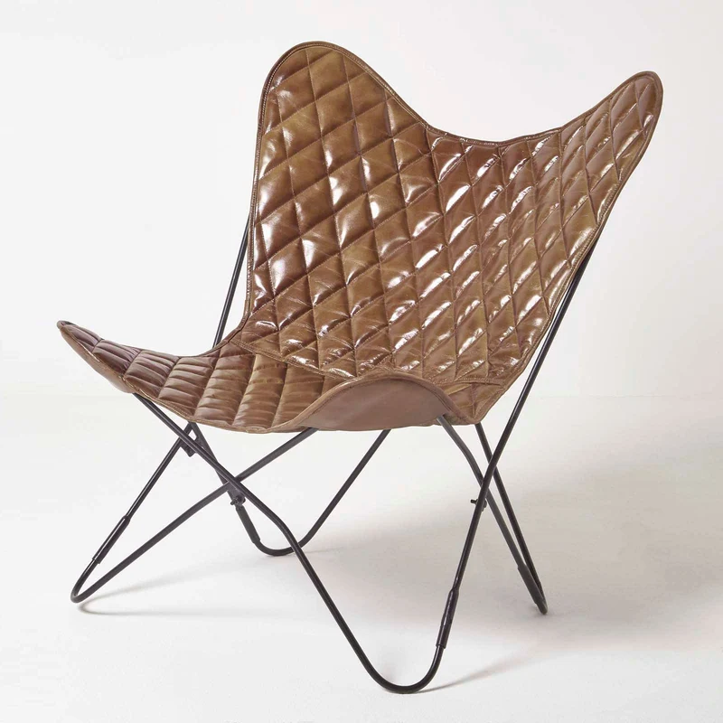 HOMESCAPES Fauteuil Papillon en Cuir véritable Marron Losanges et métal, Chaise en Cuir Vintage, Fauteuil rétro, 88 x 77 cm