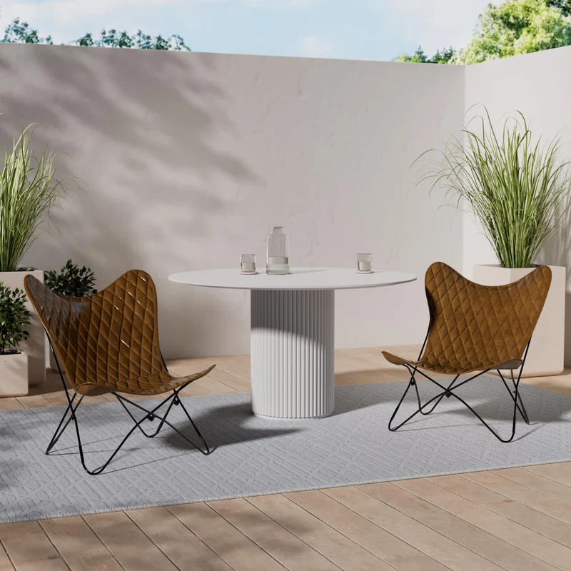 HOMESCAPES Fauteuil Papillon en Cuir véritable Marron Losanges et métal, Chaise en Cuir Vintage, Fauteuil rétro, 88 x 77 cm