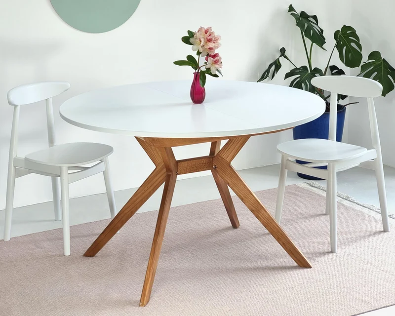 Ragaba, Biju, Table de Salle à Manger Ronde, 110 cm, Table de Salle à Manger pour 6 Personnes, Frêne Massif et Plateau MDF, Peu encombrante, Extensible, Blanc Craie