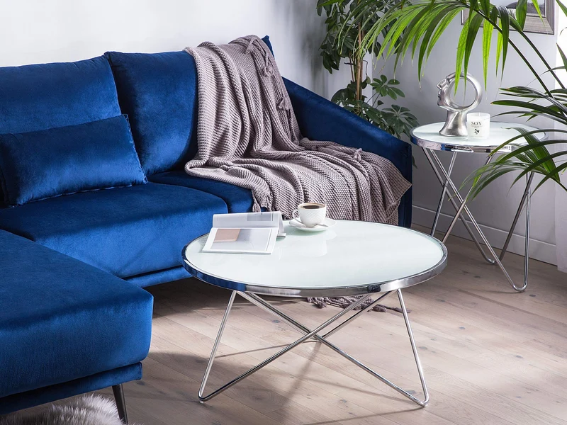Beliani Table Basse Ronde avec Plateau en Verre Blanc et Structure en Métal Argenté pour Salon Moderne et Glamour