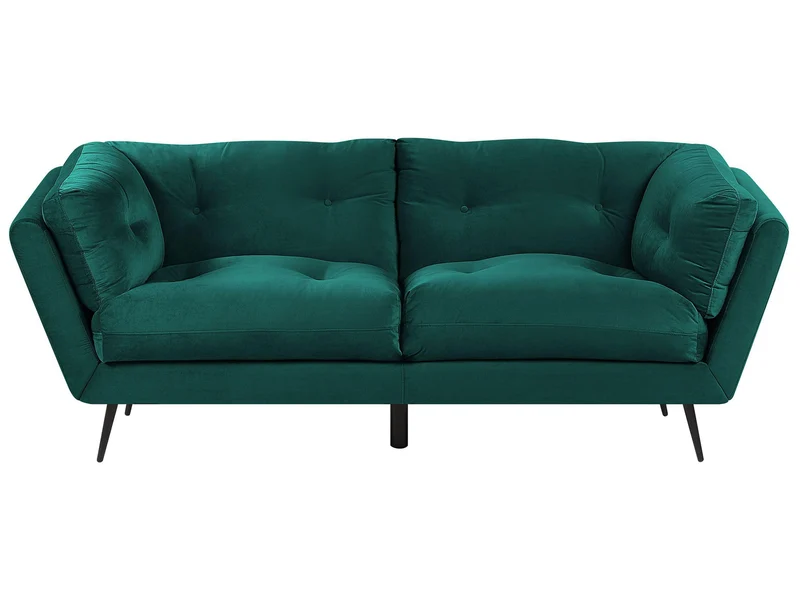 Beliani Canapé 3 Places Rembourré en Velours Vert Foncé avec Piètement Noir et Coussins Capitonnés Très Confortable pour Salon Glamour et Rétro