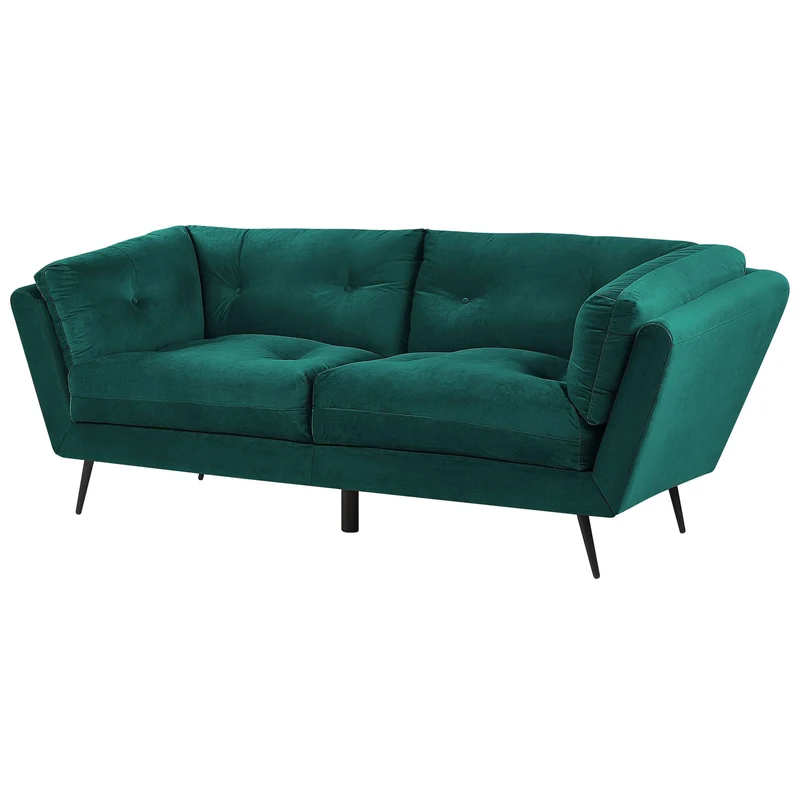 Beliani Canapé 3 Places Rembourré en Velours Vert Foncé avec Piètement Noir et Coussins Capitonnés Très Confortable pour Salon Glamour et Rétro