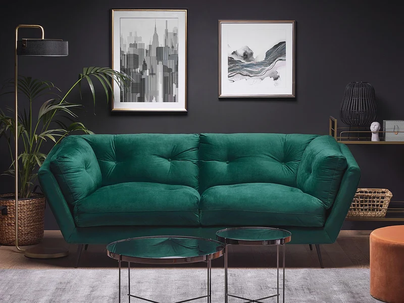 Beliani Canapé 3 Places Rembourré en Velours Vert Foncé avec Piètement Noir et Coussins Capitonnés Très Confortable pour Salon Glamour et Rétro