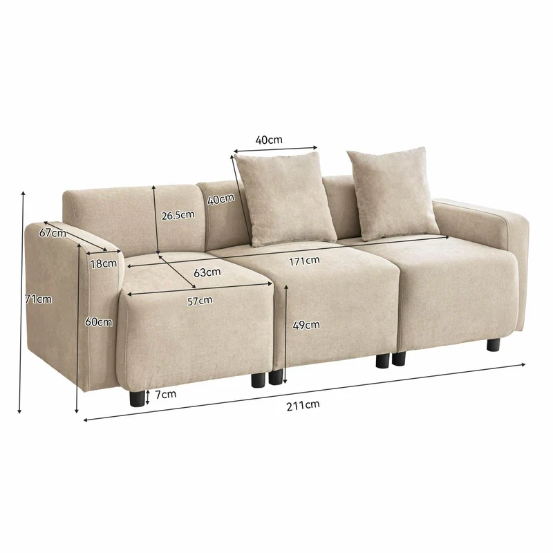 PUGSDRLY Canapé 3 Places avec Coussins Décoratifs,Petit Canapé,Design Moderne,Meuble Rembourré,Tissu Chenille,pour Salon,Chambre,Appartement,Beige