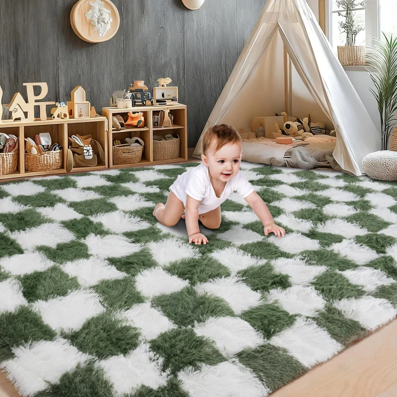 Cekene Grand tapis à poils longs ultra doux et lavable pour chambre à coucher, salon, salle de jeux, dortoir - Vert - 200 x 300 cm