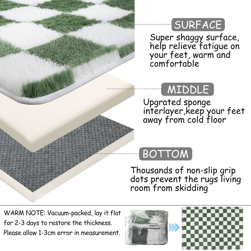Cekene Grand tapis à poils longs ultra doux et lavable pour chambre à coucher, salon, salle de jeux, dortoir - Vert - 200 x 300 cm