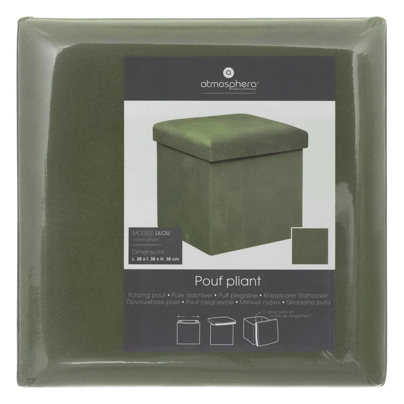 Atmosphera - Pouf Pliant Lilou en Velours 38x38cm Vert Kaki