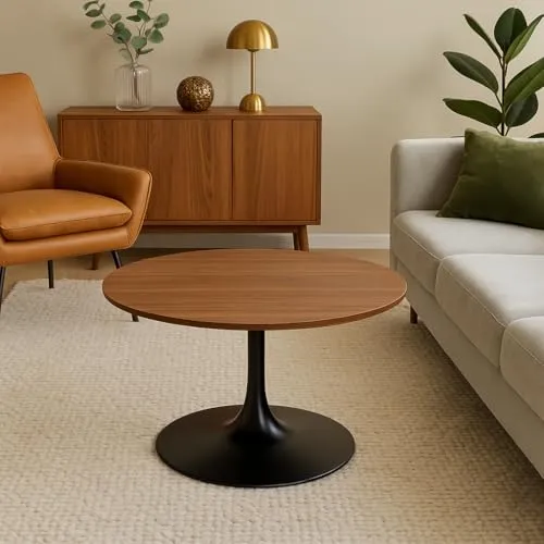 Kare Design Schickeria Table Basse en Noyer, Noir/Marron, diamètre 80 cm, Table d'appoint, Table de Salon, Aspect Bois, Structure en Acier, Ronde, rétro