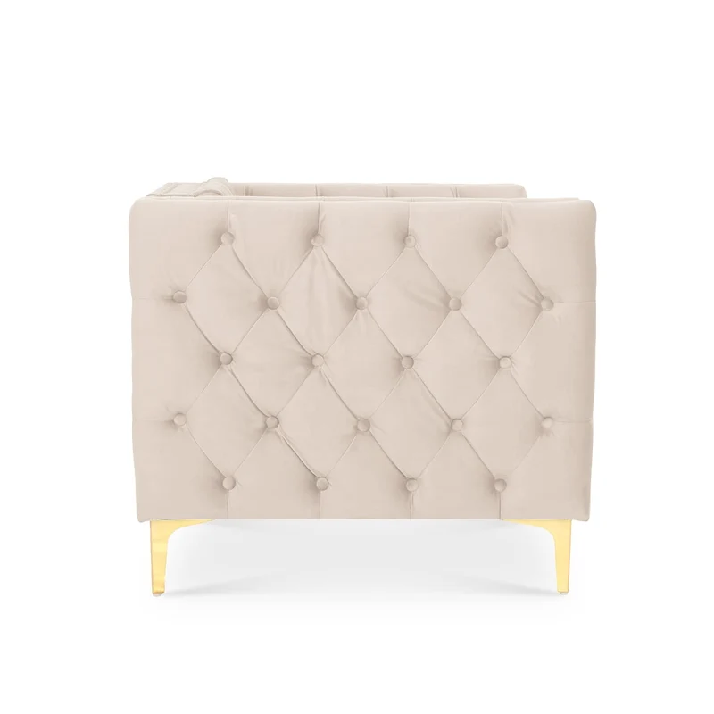 INTENSE DECO Canapé 3 Places Edward Velours Beige Pieds doré