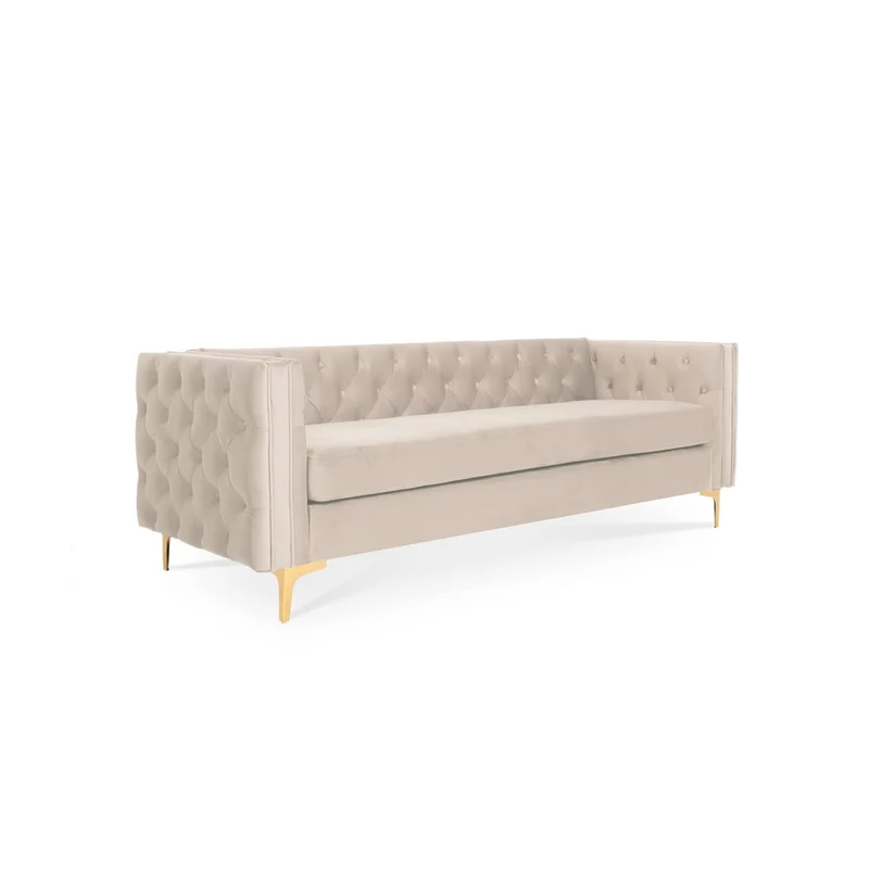 INTENSE DECO Canapé 3 Places Edward Velours Beige Pieds doré