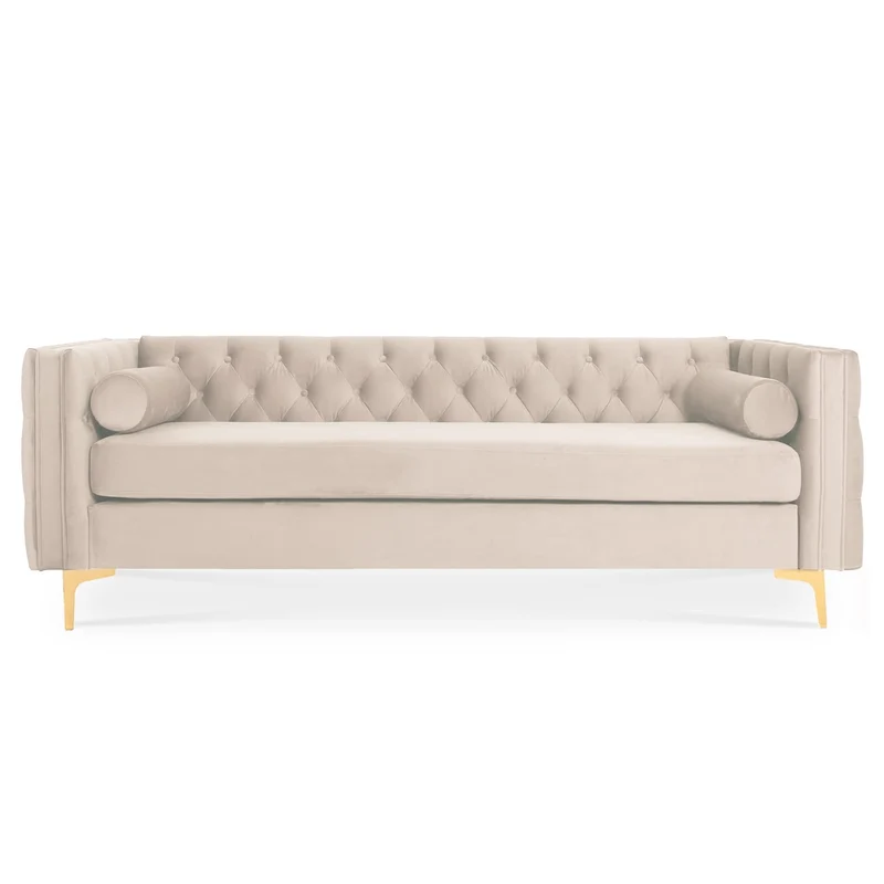 INTENSE DECO Canapé 3 Places Edward Velours Beige Pieds doré