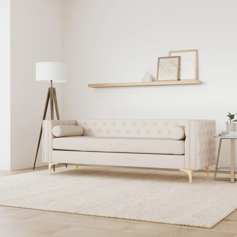 INTENSE DECO Canapé 3 Places Edward Velours Beige Pieds doré