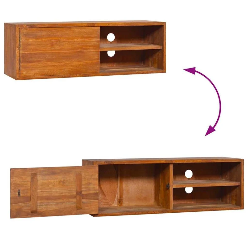 vidaXL Meuble TV Mural Armoire Basse Meuble Divertissement avec 1 Compartiment et 2 Etagères Salon Maison Intérieur 90x30x30 cm Bois de Teck Massif